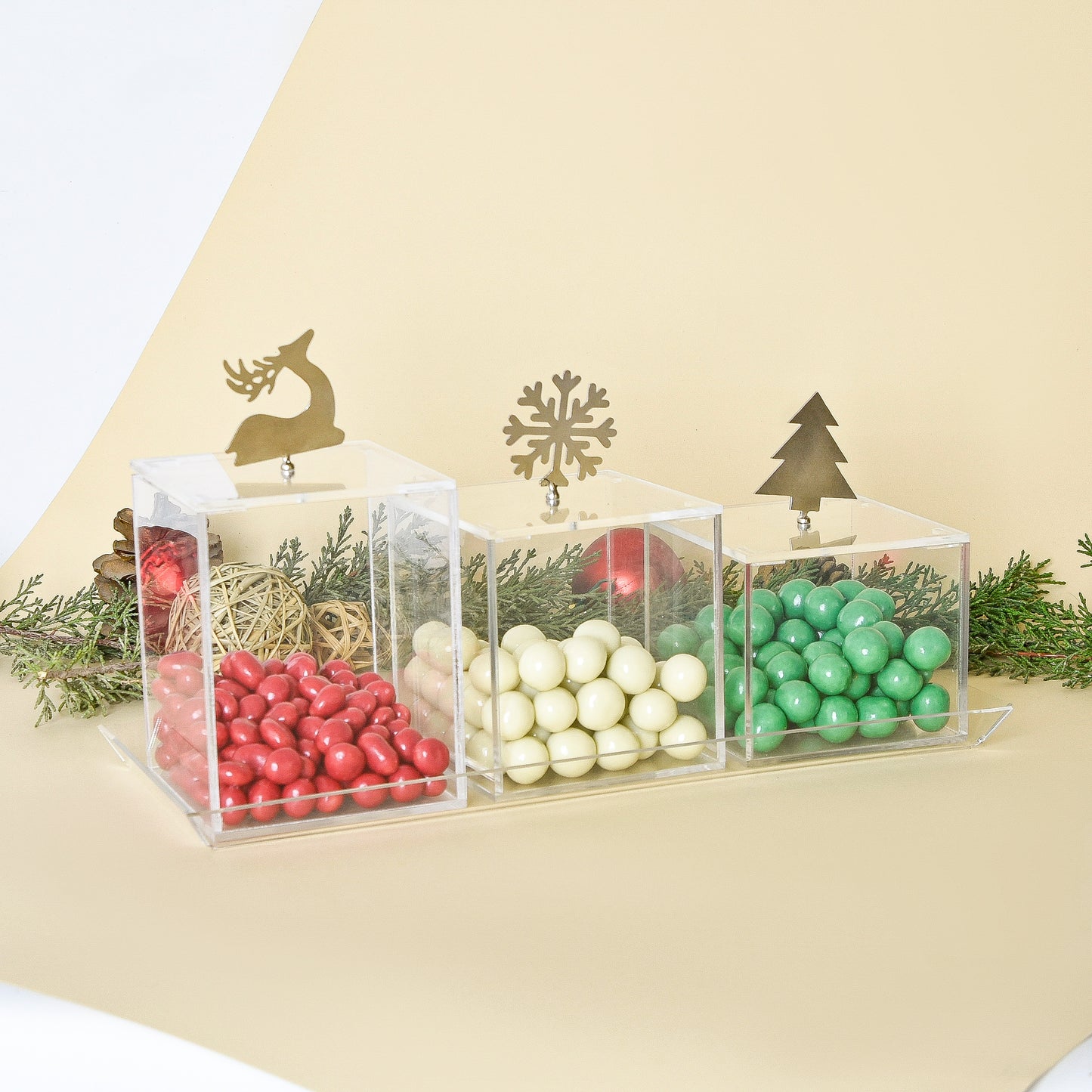 Christmas Silver Brass Ornaments – Set of Three Boxes with Acrylic Tray