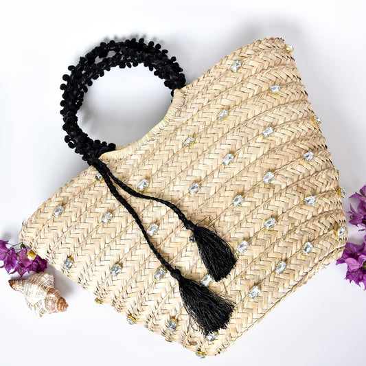 Straw Embellished Beach Bag with Back Handle and Rhinestones