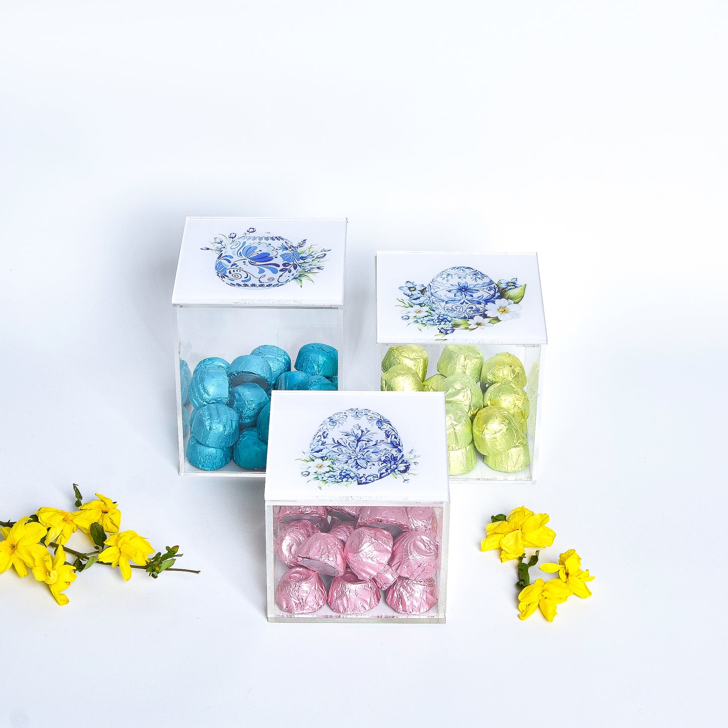 Flowery Blue Easter Eggs Plexi Boxes set of 3