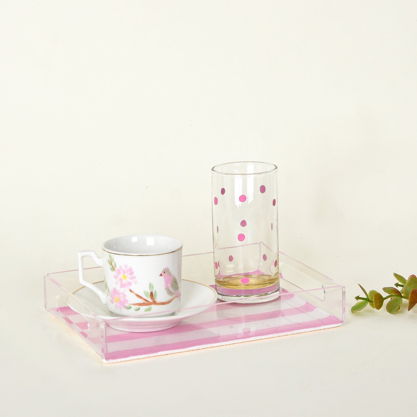 Pink Blossom Bird – Mother’s Day Hand-Painted Turkish Coffee Cup Gift Set with Plexi Tray (Ummi)