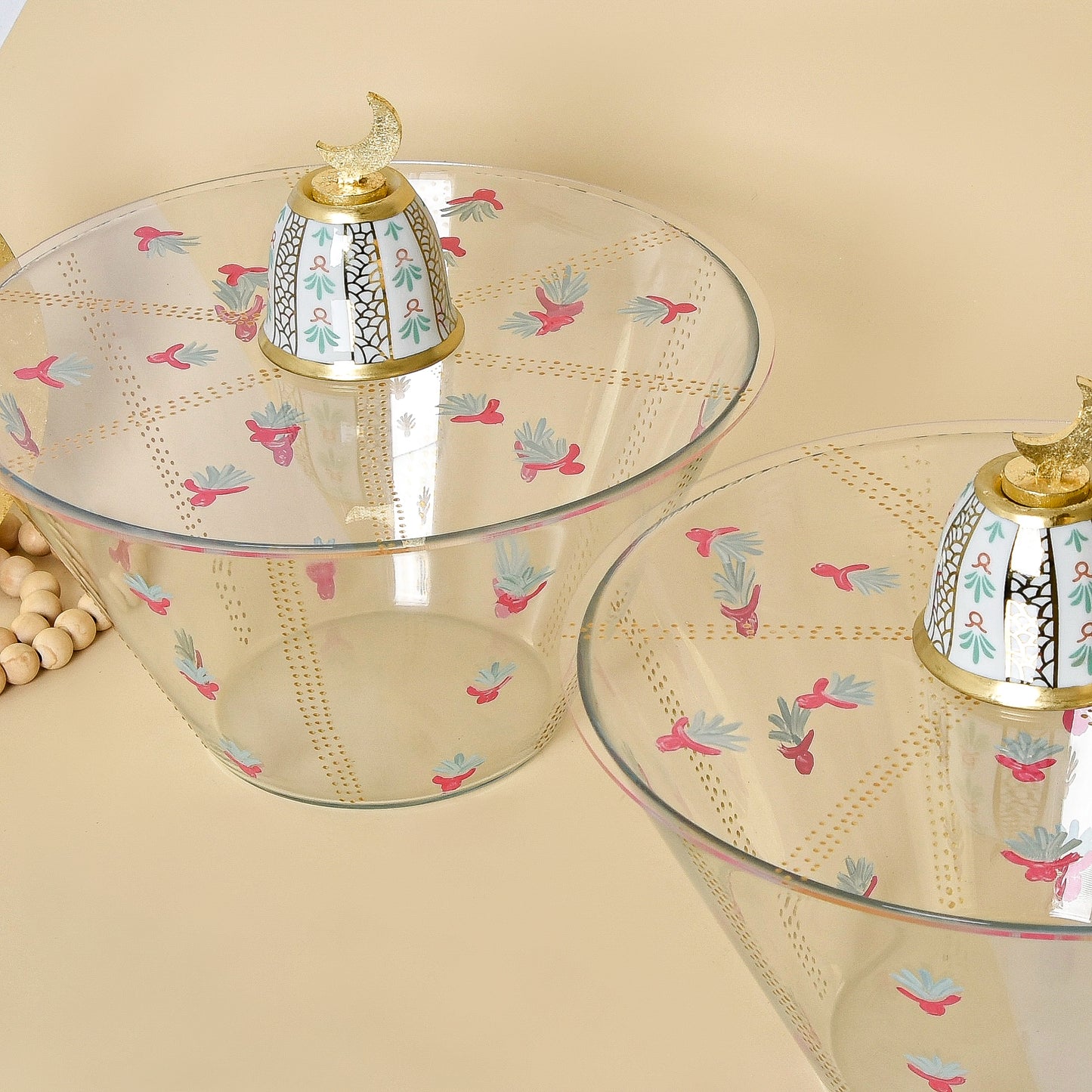 Bedouin Cups and Gold Leaf Crescent – Glass Bowl with Acrylic Cover (Set of Two)