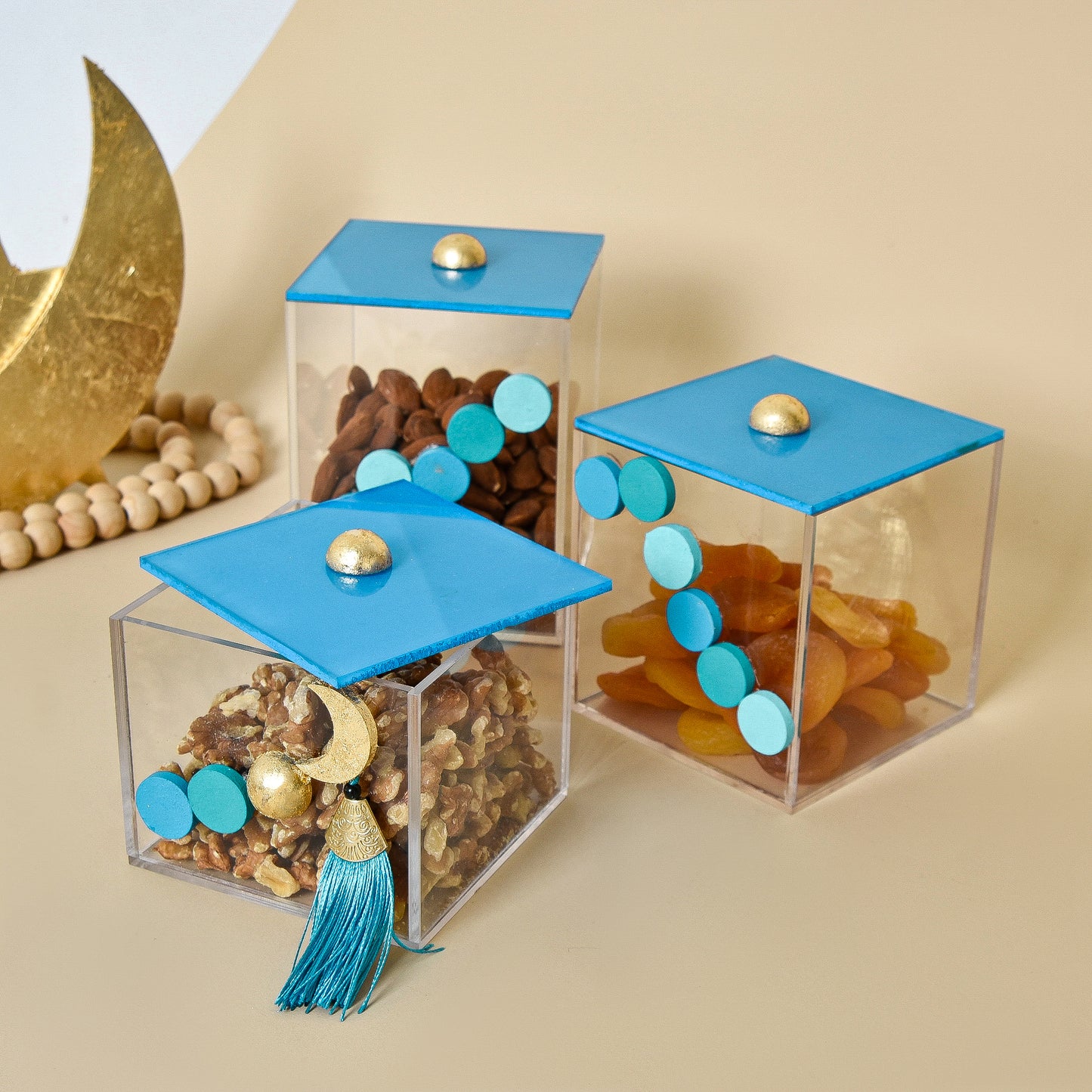 Blue Beaded Crescent with Gold Leaf – Acrylic Box Set of Three
