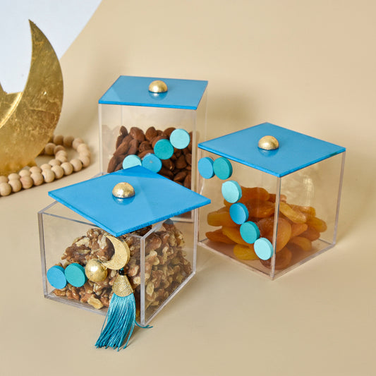 Blue Beaded Crescent with Gold Leaf – Acrylic Box Set of Three
