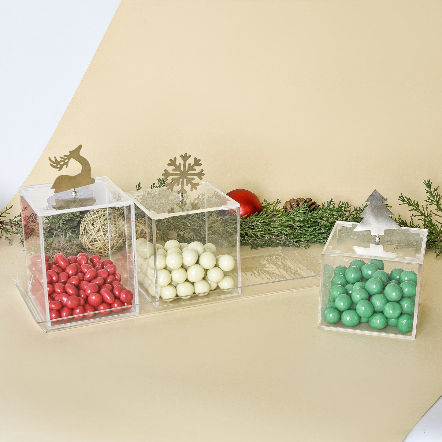 Christmas Silver Brass Ornaments – Set of Three Boxes with Acrylic Tray
