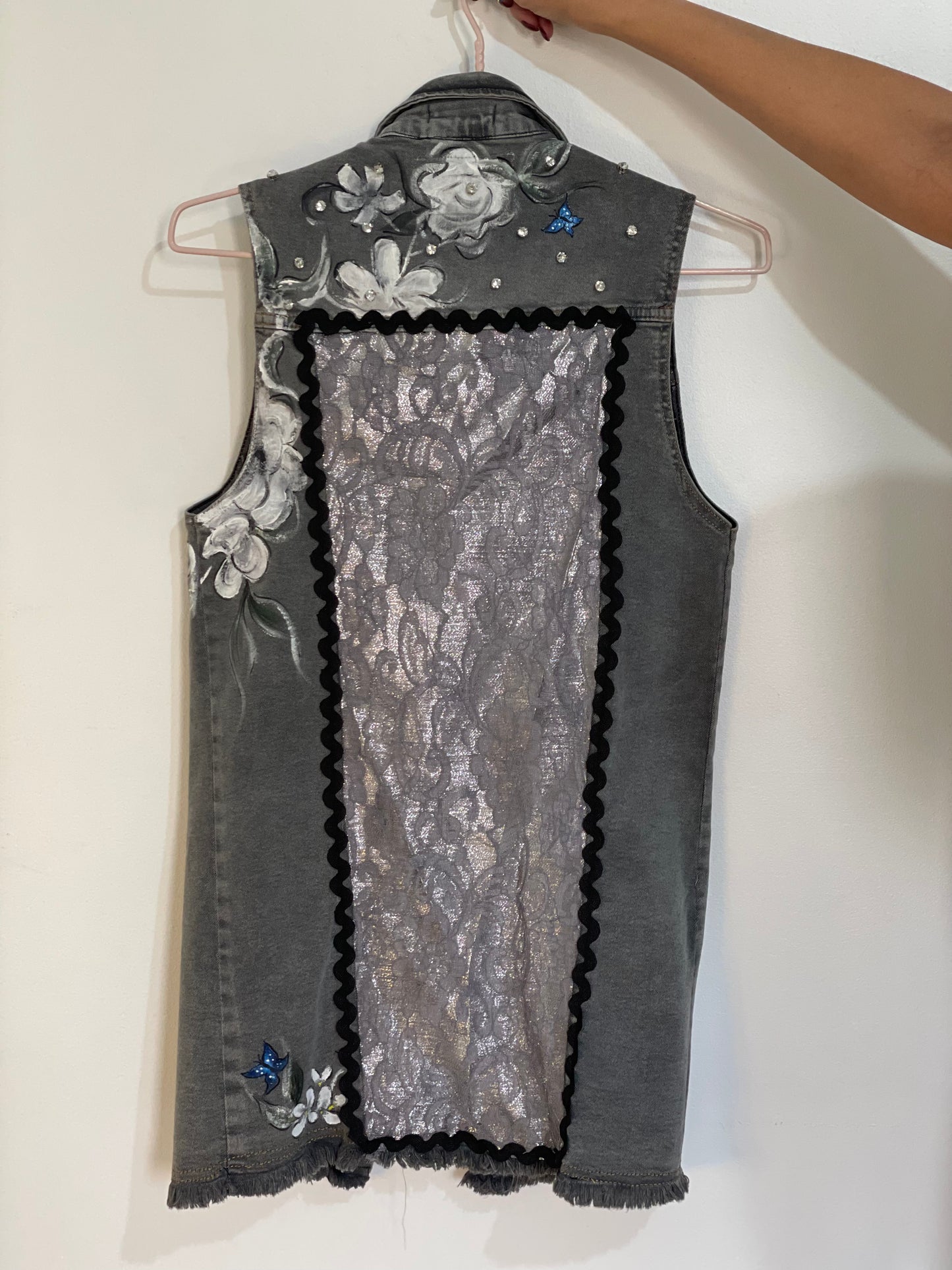 Grey Vest with Lace and Painted White Flowers