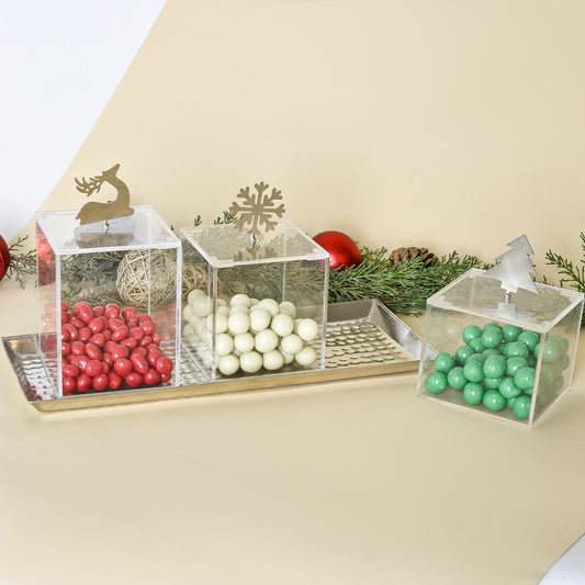 Christmas Silver Brass Ornaments – Set of Three Boxes with Hammered Brass Tray