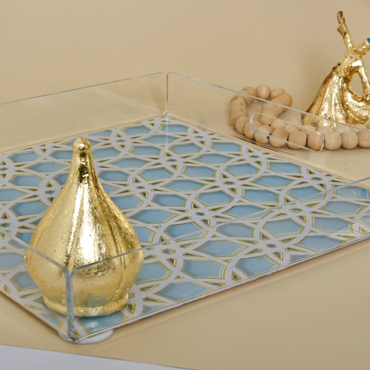 Light Blue & Gold Islamic Motifs – Acrylic Serving Tray
