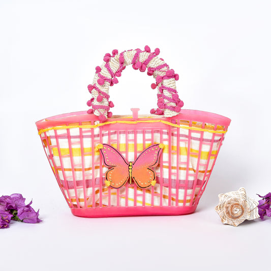 Little Girl Pink Plastic Embellished Beach Bag with Pink & Orange Butterfly