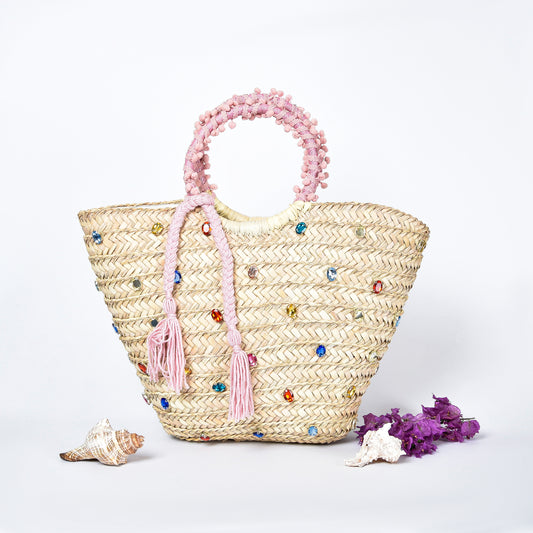 Straw Embellished Beach Bag with Pink Handle and Rhinestones