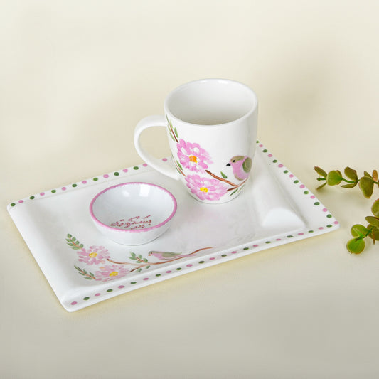 Pink Blossom Bird – Mother’s Day Hand-Painted Mug Gift Set with Porcelain Tray (Sit El Habayeb)