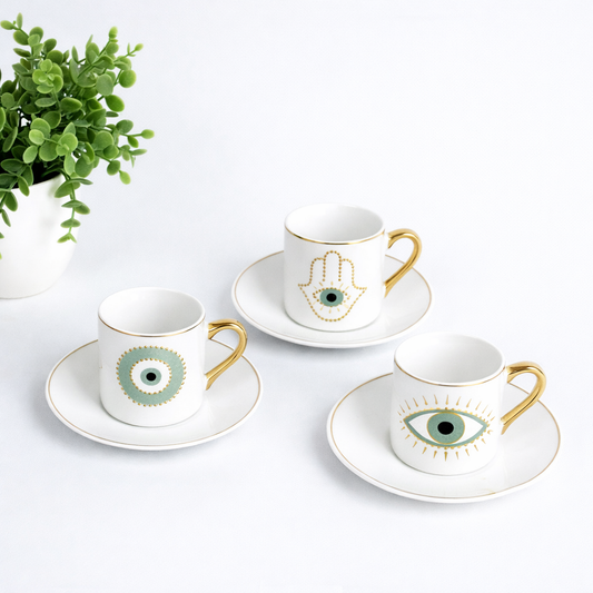 Pistachio Fatima Hands and Blue Eyes Turkish Coffee Cups with Saucers Set of Six
