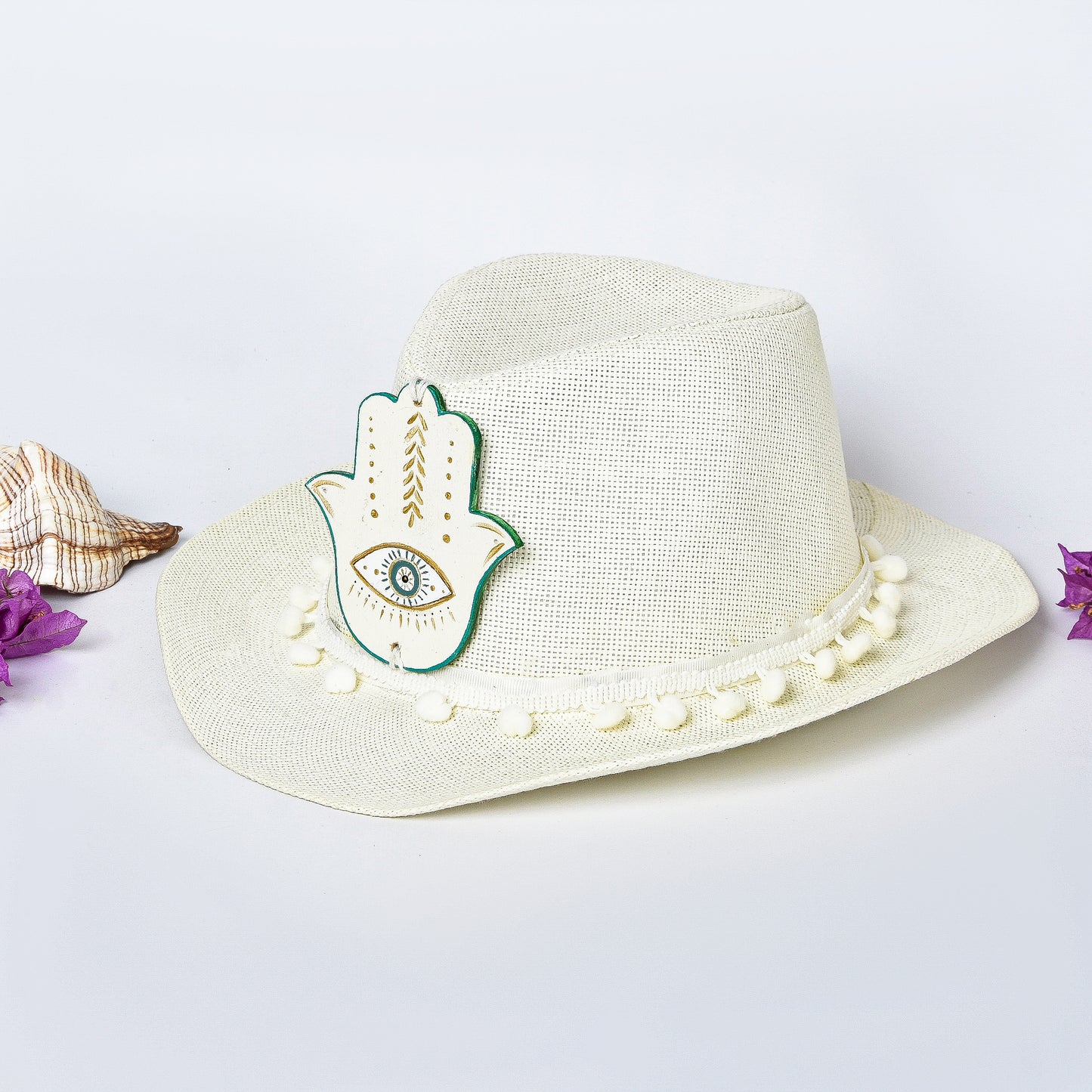 White Embellished Hat with Off White Hand