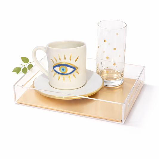 Oval Evil Eye - Hand-Painted Coffee Gift Set with Gold Leaf Plexi Tray