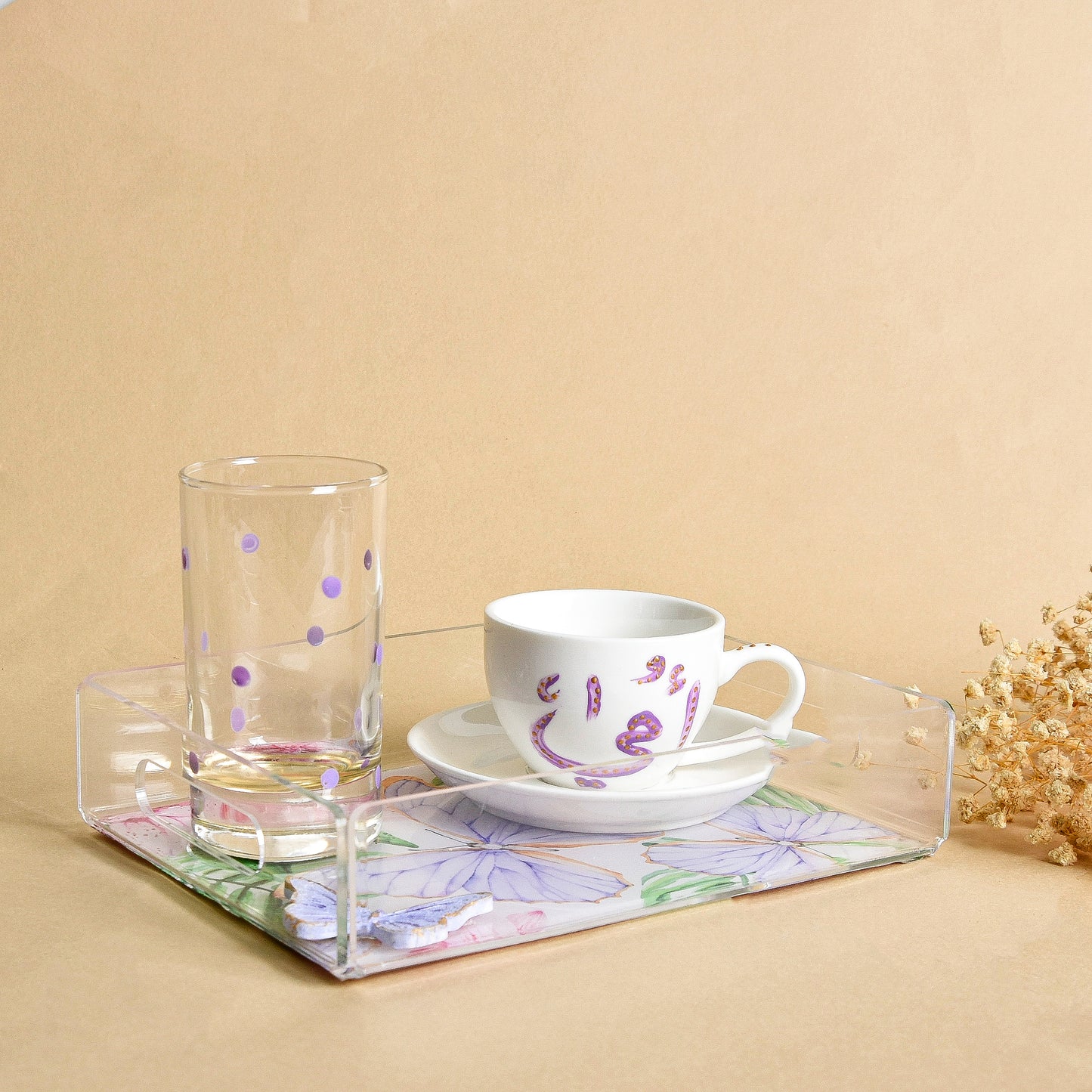 Purple Butterfly  White Coffee Cup Tray Set