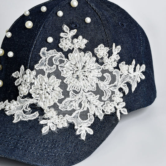 White Lace and Pearls Black Denim Cap