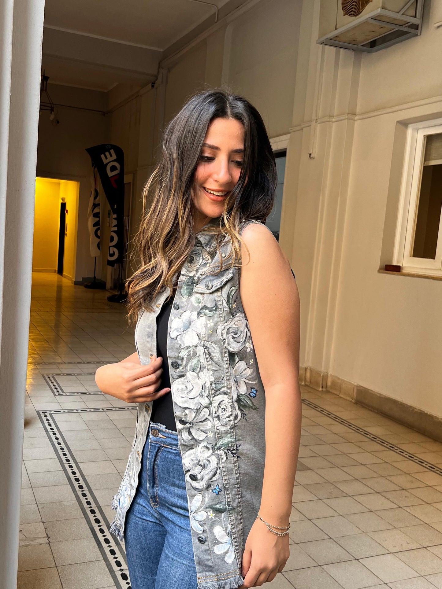 Grey Vest with Lace and Painted White Flowers