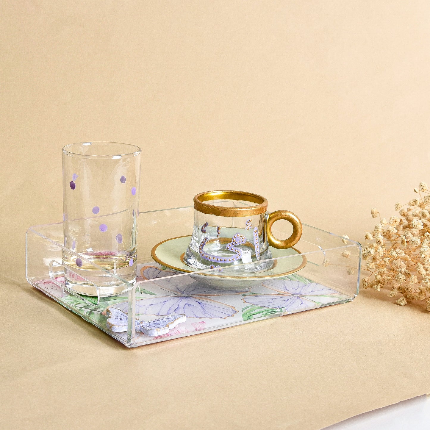 Purple Butterfly  Transparent  Coffee Cup Tray Set