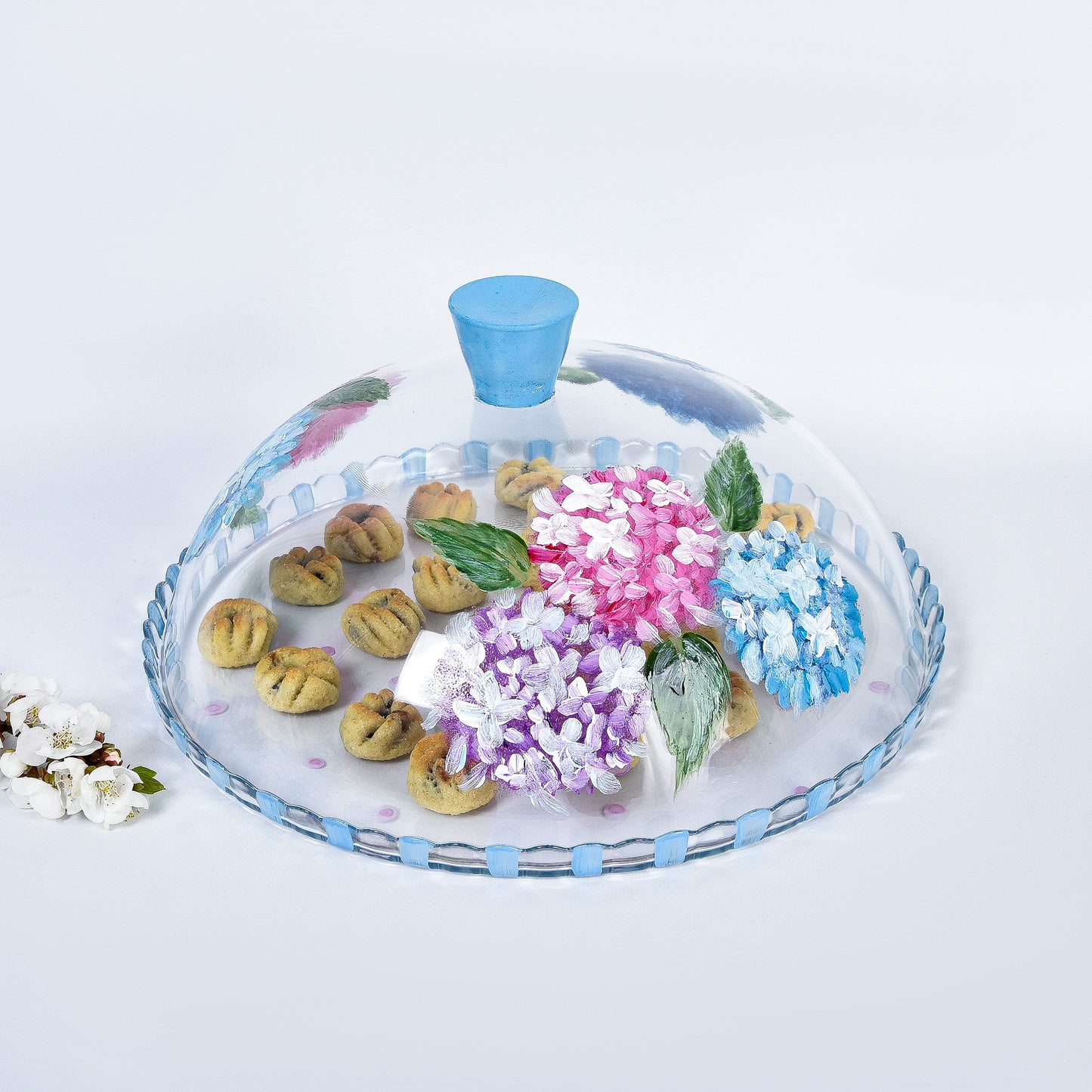 Hydrangea with Dots and Stripes Big Cake Plate