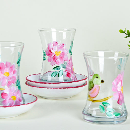 Pastel Bird & Flowers Tea Cups With Saucers Set of Six