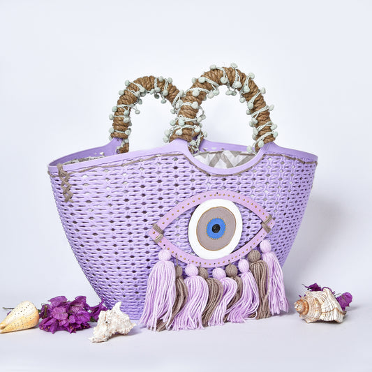 Purple Plastic Embellished Beach Bag with Purple Eye