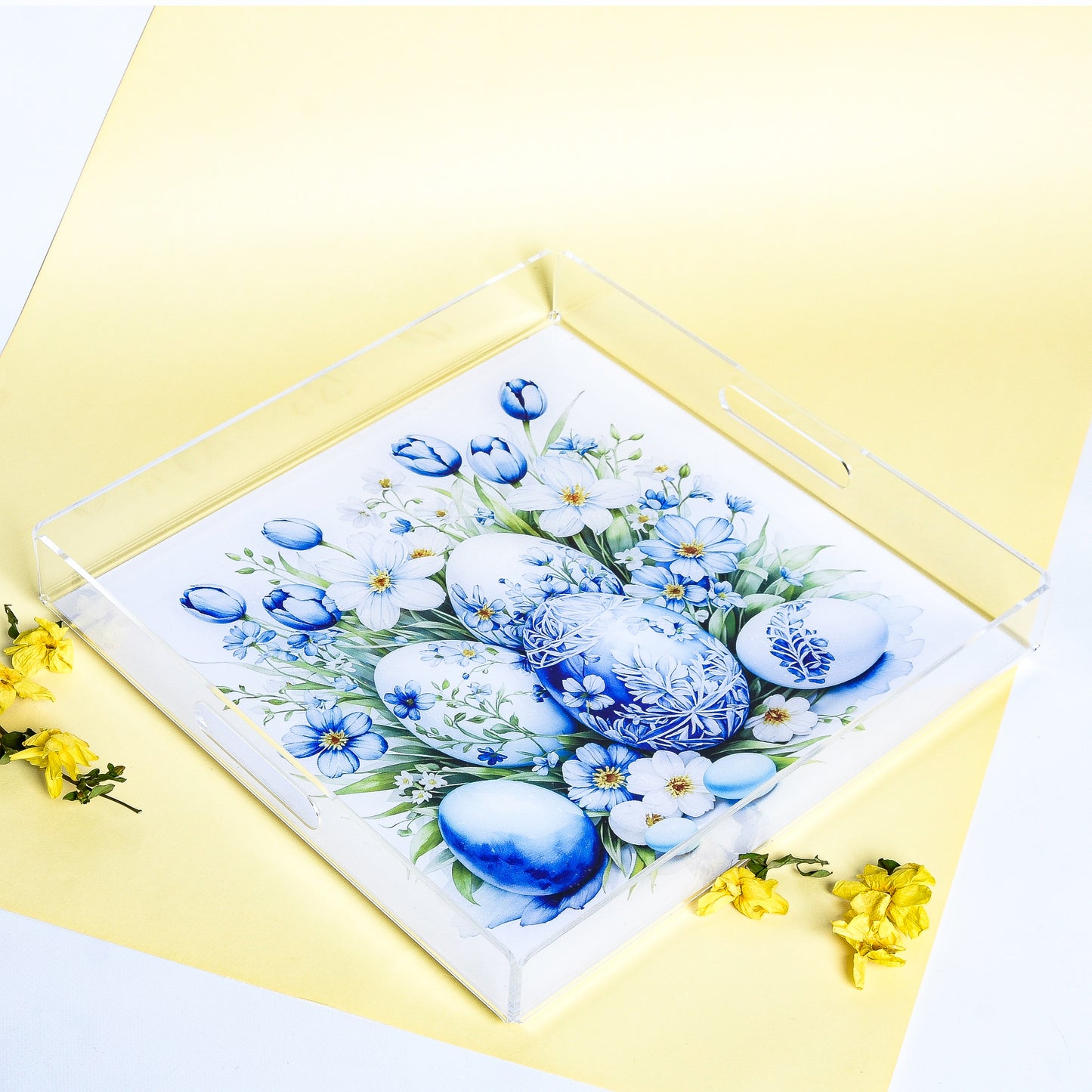 Flowery Blue Easter Eggs Medium Plexi Tray