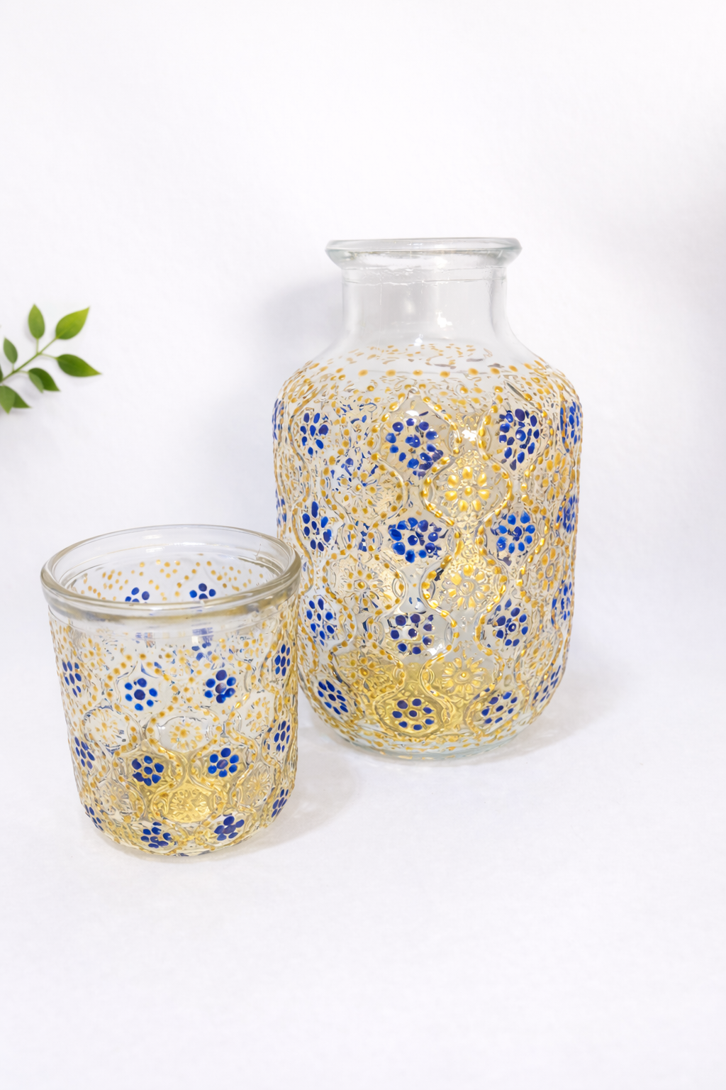 Gold & Blue - Hand-Painted Bedside Water Carafe with Cover Glass