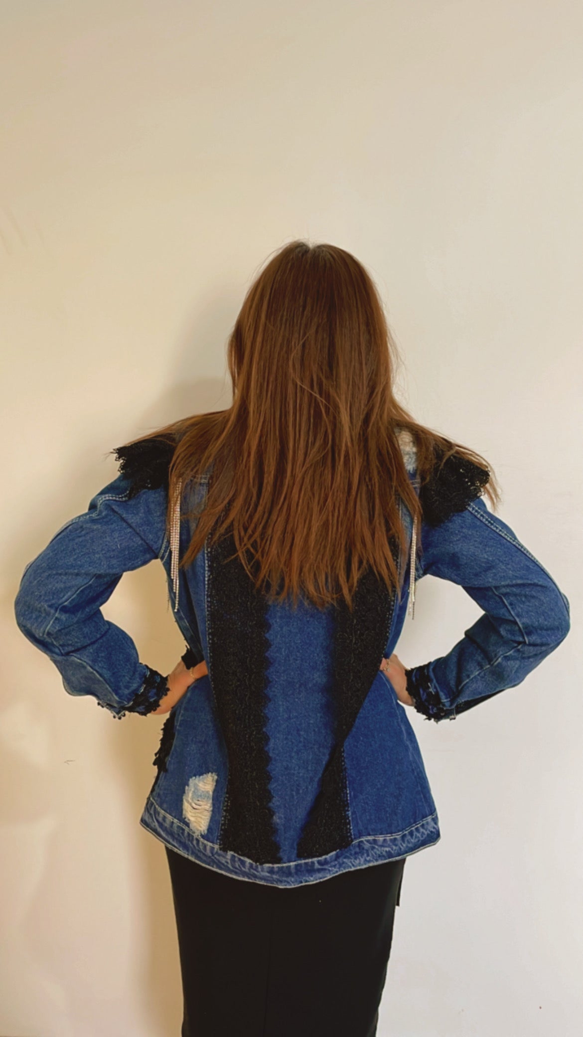 Blue Long With Black Lace and Flowers Denim Jacket