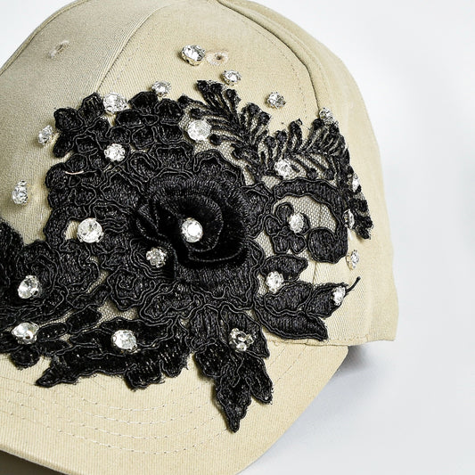 Black Lace and Rhinestones Beige Cap