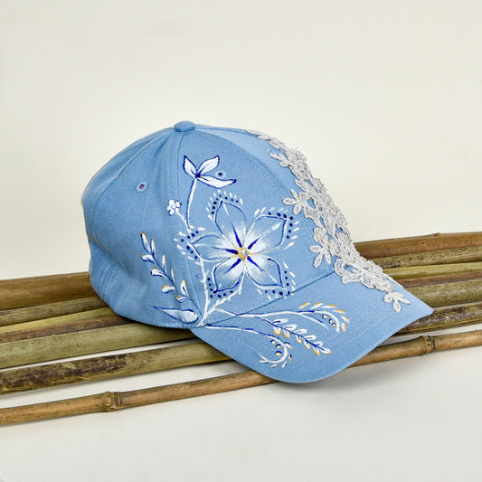 Blue with White Lace Cap