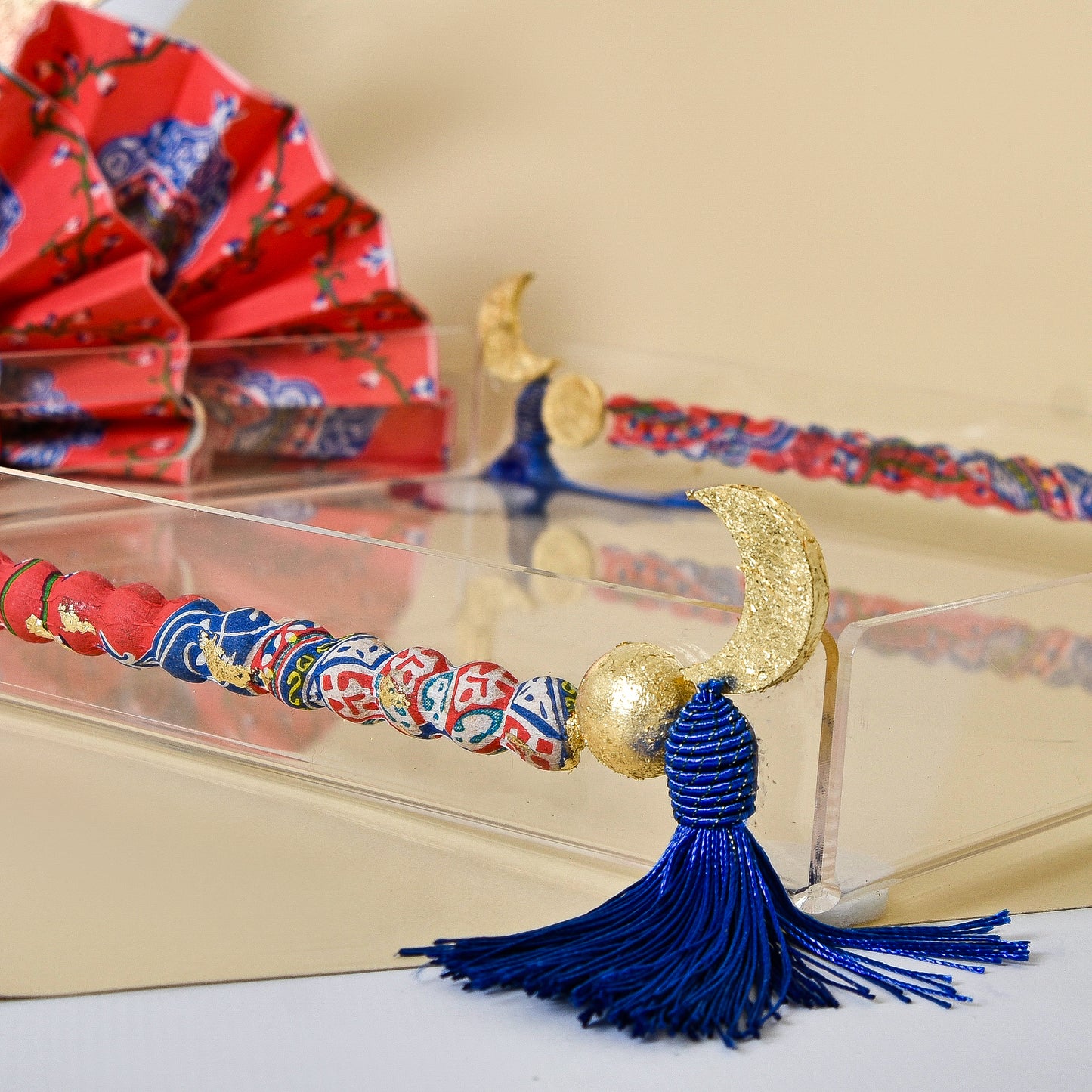 Egyptian Khayamiah Beaded Crescent with Gold Leaf – Acrylic Serving Tray