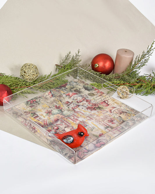 Red Christmas Bird Plexi Tray 30X30CM