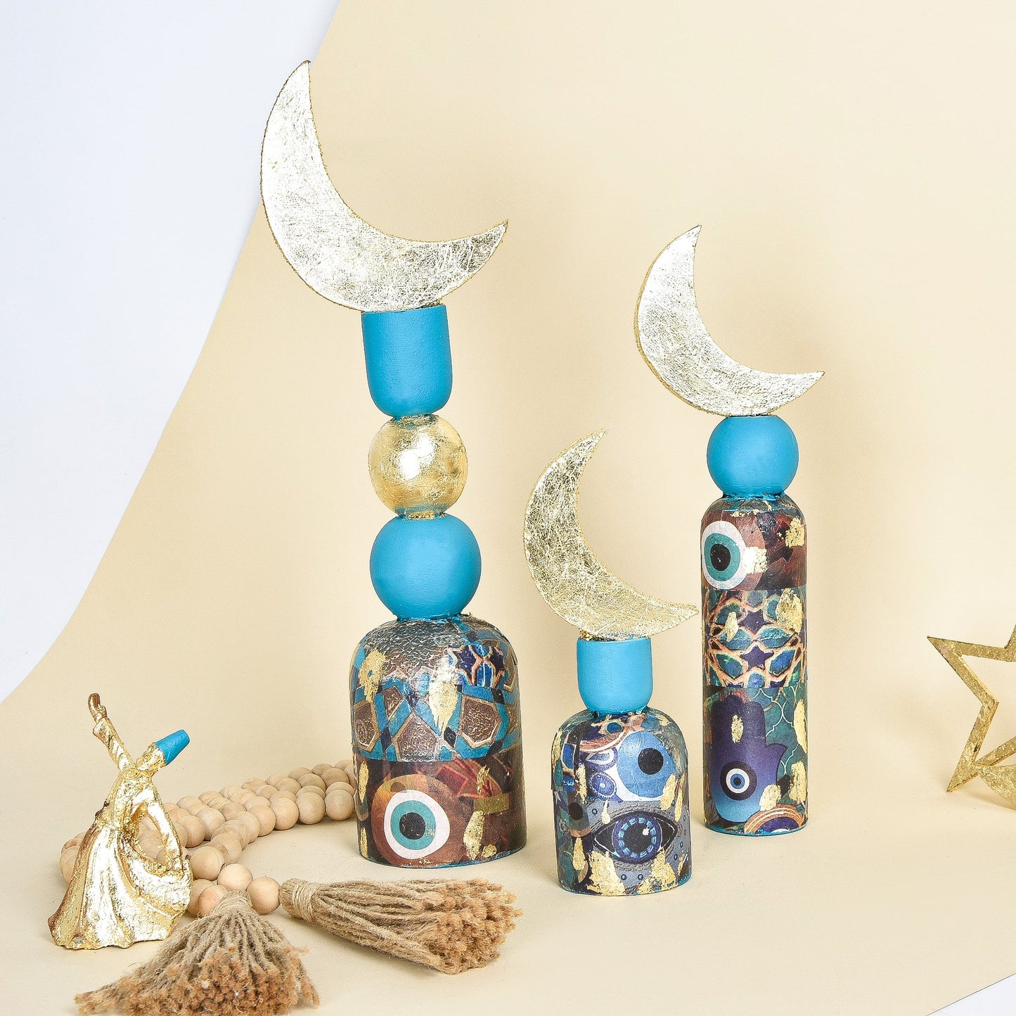 Turquoise Wooden Crescent with Gold Nazar Embellishment – Set of Three
