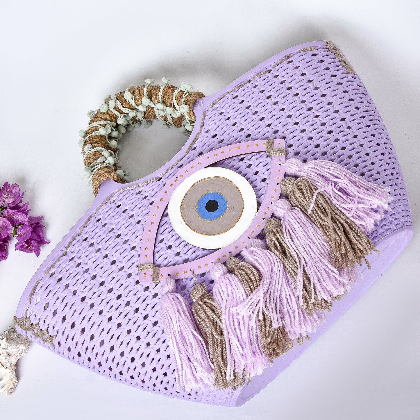 Purple Plastic Embellished Beach Bag with Purple Eye