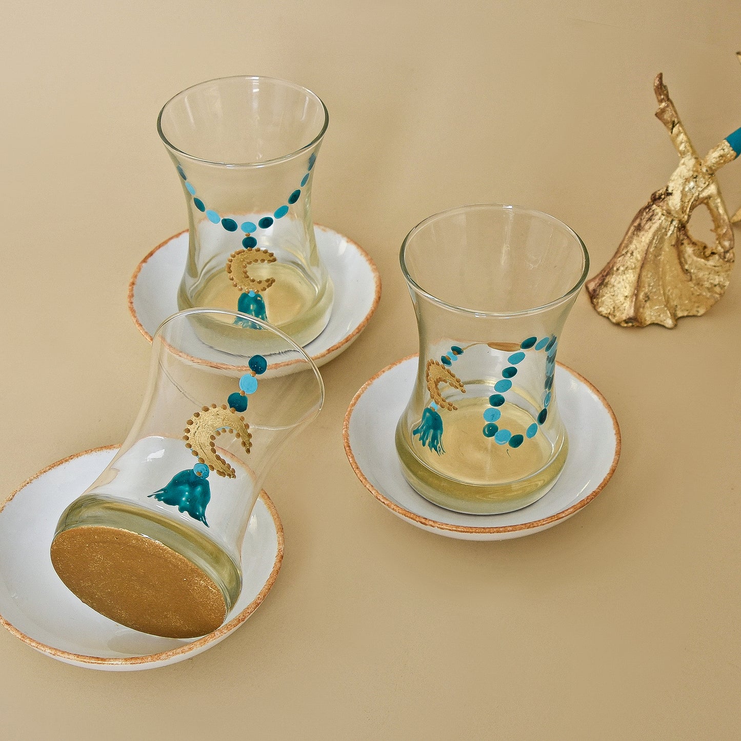 Blue Beaded Crescent with Gold Leaf – Tea Cups with Porcelain Saucers Set of Six