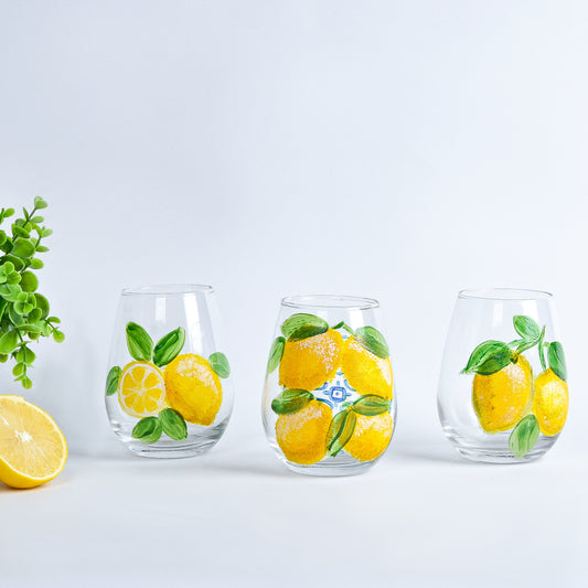 Fresh Lemones with Blue Water Cups Set of Six