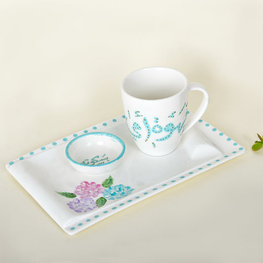Hydrangea Flowers – Mother’s Day Hand-Painted Mug Gift Set with Porcelain Tray (Qahwat Ummi)