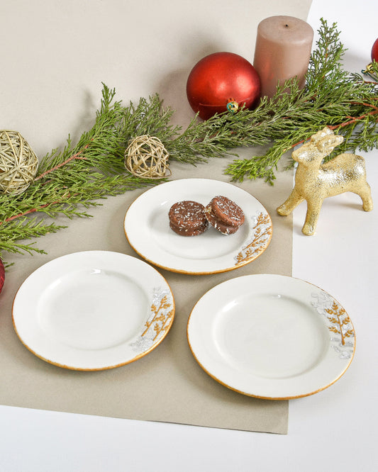 Three Christmas Deers Gold & White Dessert Plates Set of Six