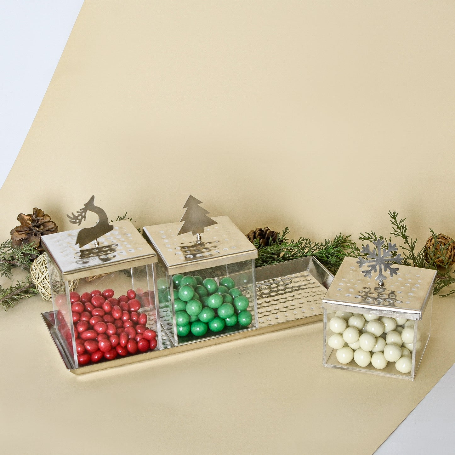 Christmas Silver Metal Lid Ornaments – Set of Three Boxes with Hammered Brass Tray