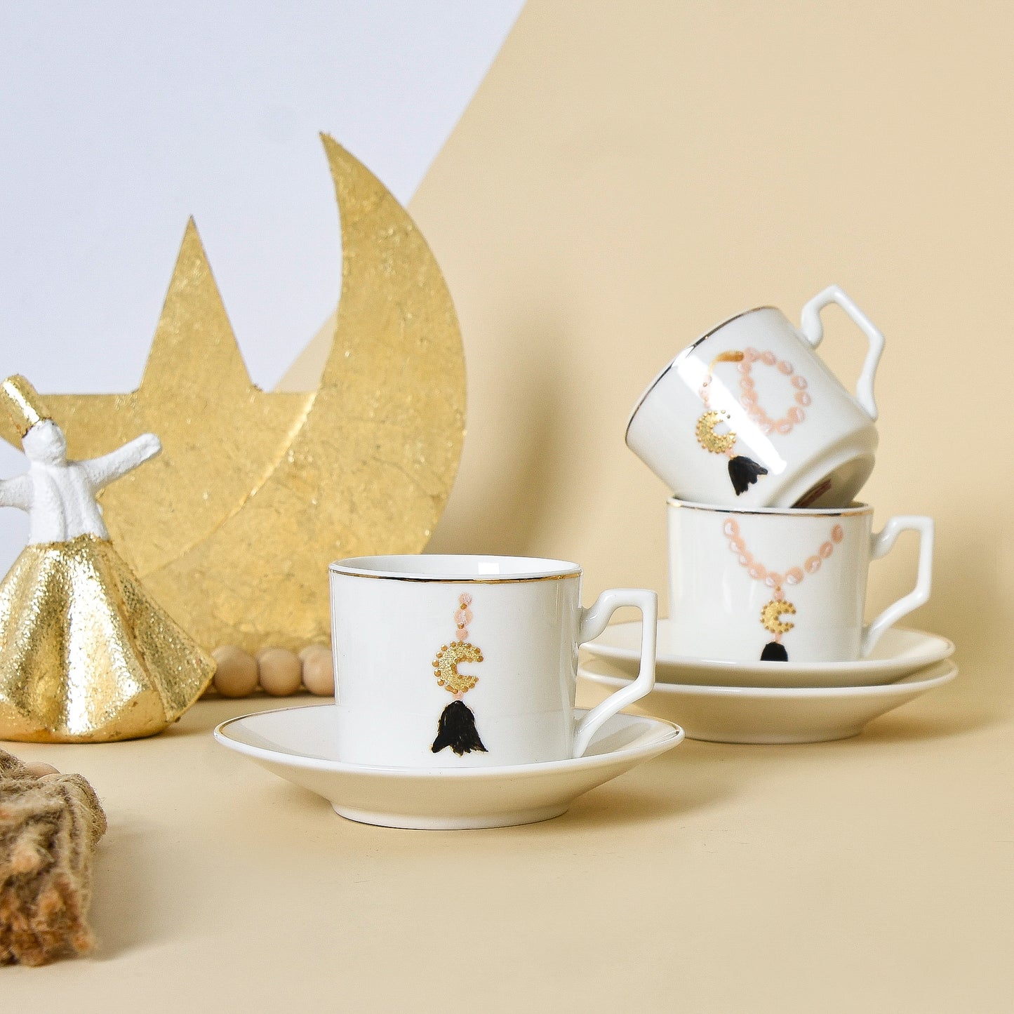 Amber Beaded Crescent with Gold Leaf – Turkish Coffee Cups Set of Six