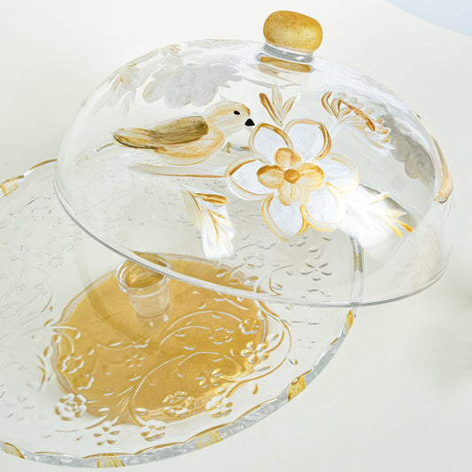 Gold with Turquoise Bird & Flowers Cake Plate With Cover