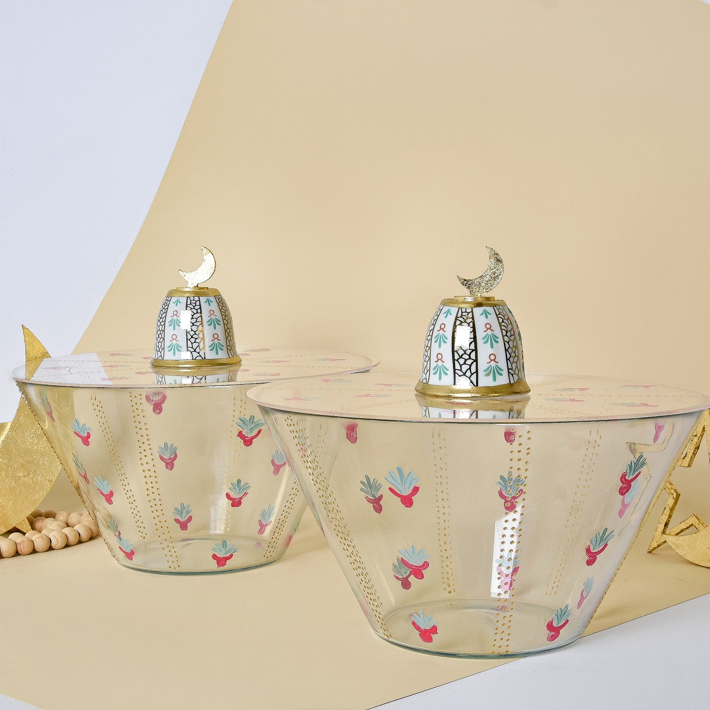 Bedouin Cups and Gold Leaf Crescent – Glass Bowl with Acrylic Cover (Set of Two)