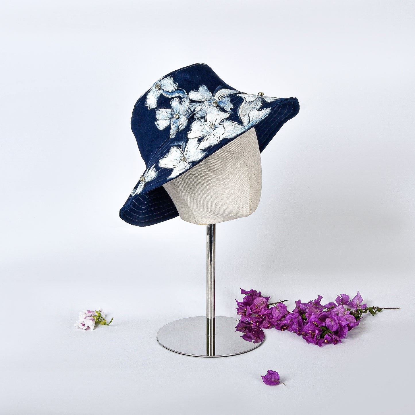 Dark Blue Denim Fisherman Hat with Flowers & Rhinestones