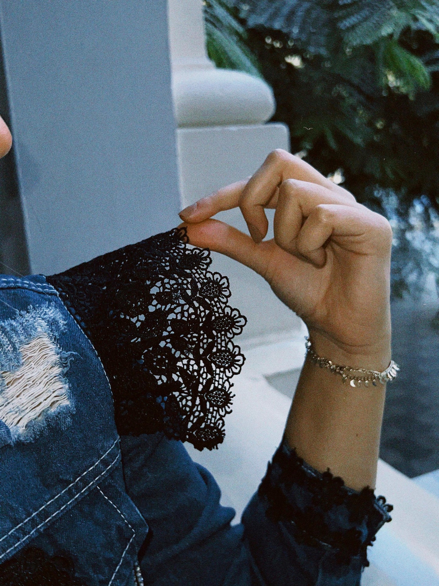 Blue Long With Black Lace and Flowers Denim Jacket