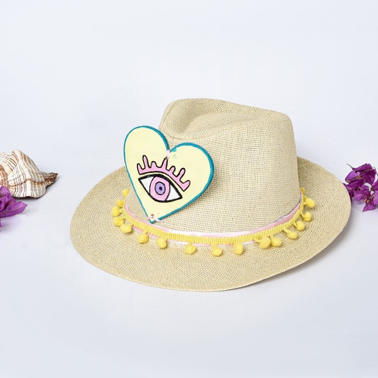 Beige Embellished Hat with Yellow Heart