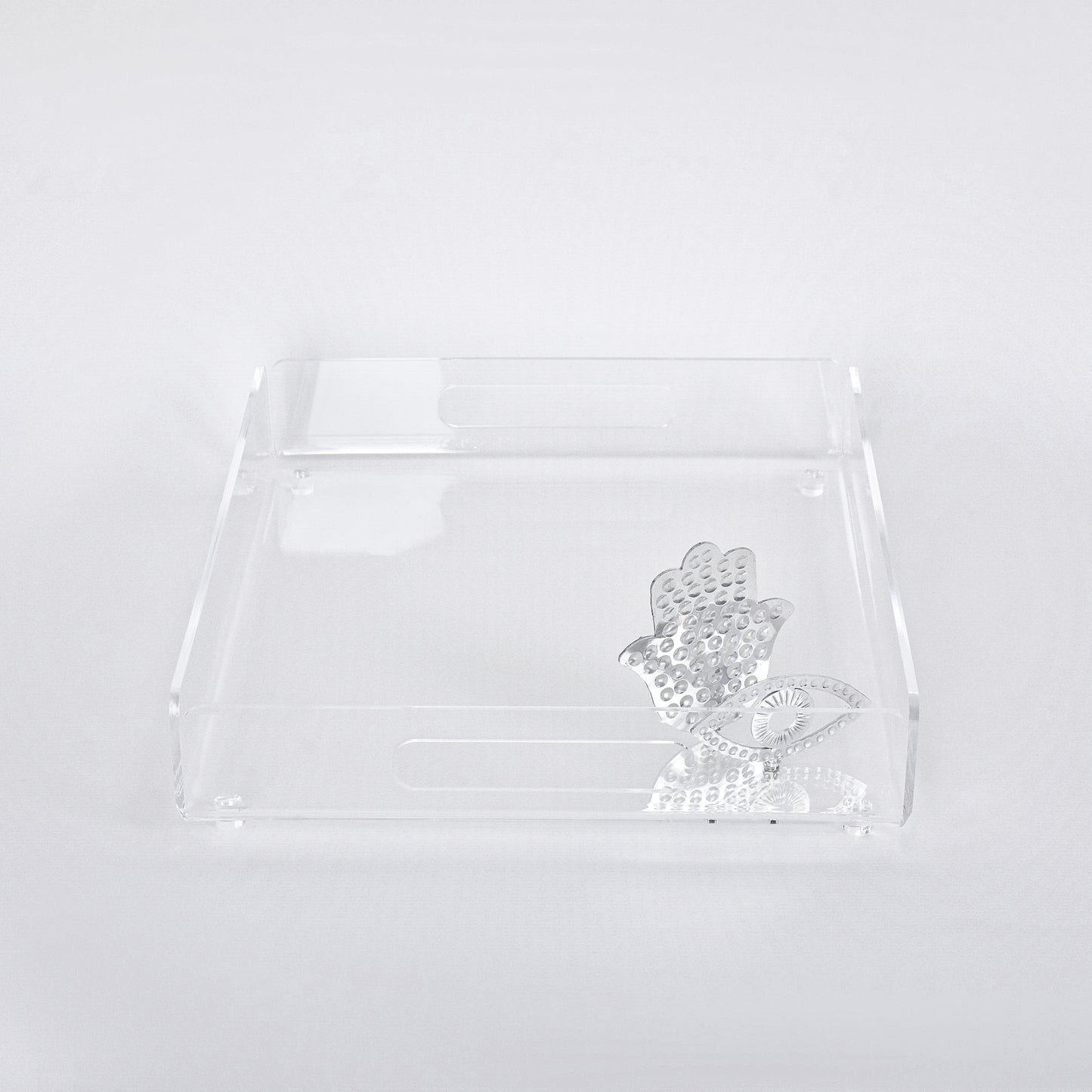 Hammered Fatima Hand & Eye Plexi Tray - Silver