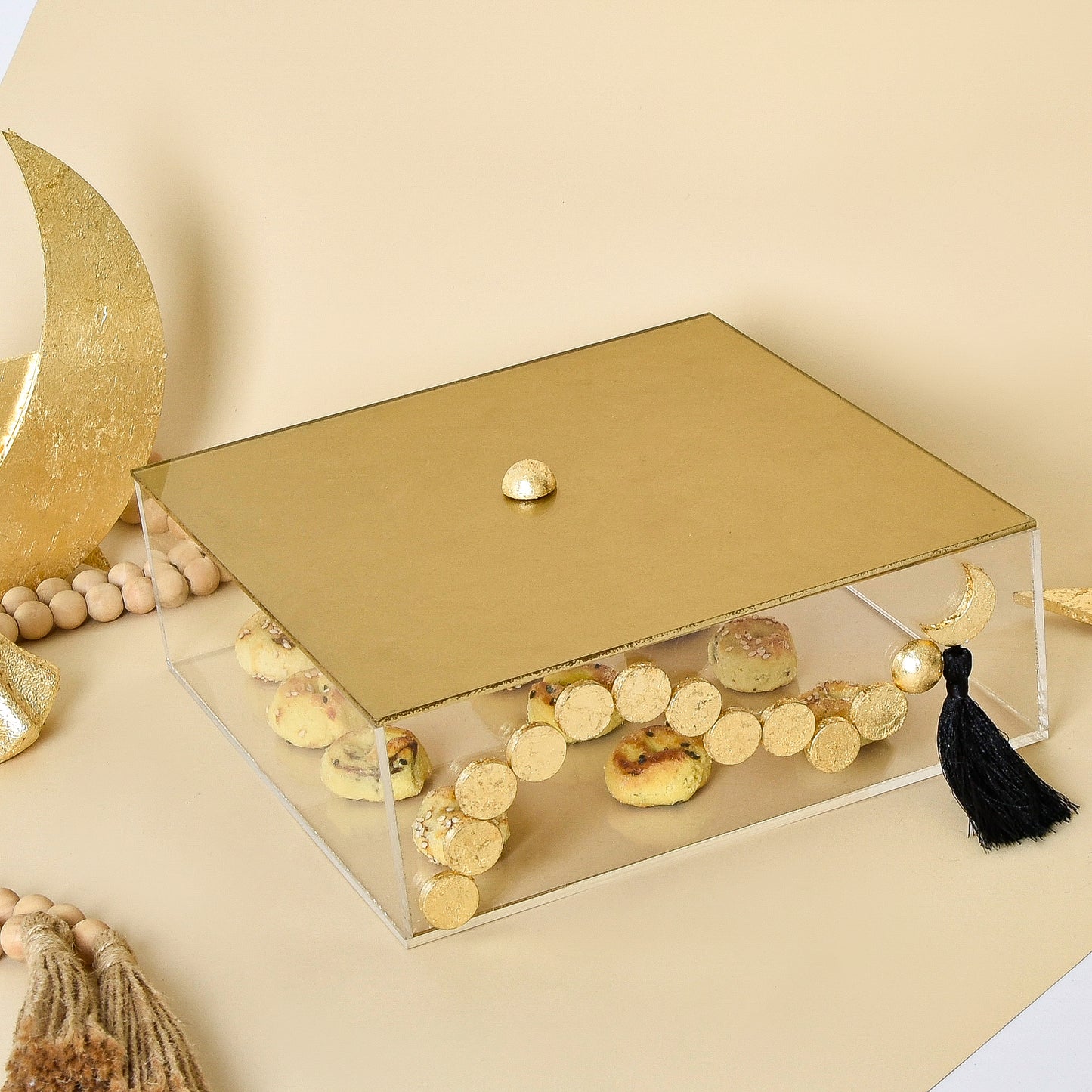 Amber Beaded Crescent with Gold Leaf – Acrylic Square Box