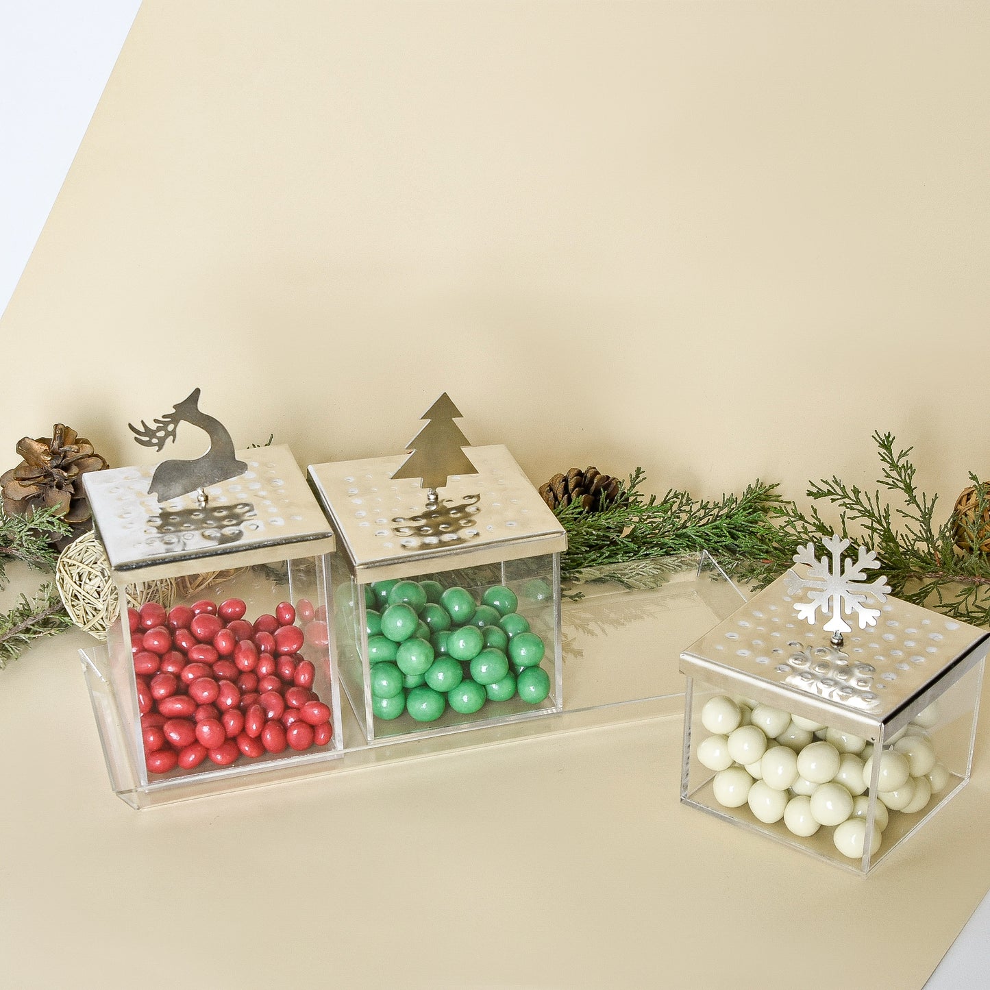Christmas Silver Metal Lid Ornaments – Set of Three Boxes with Acrylic Tray