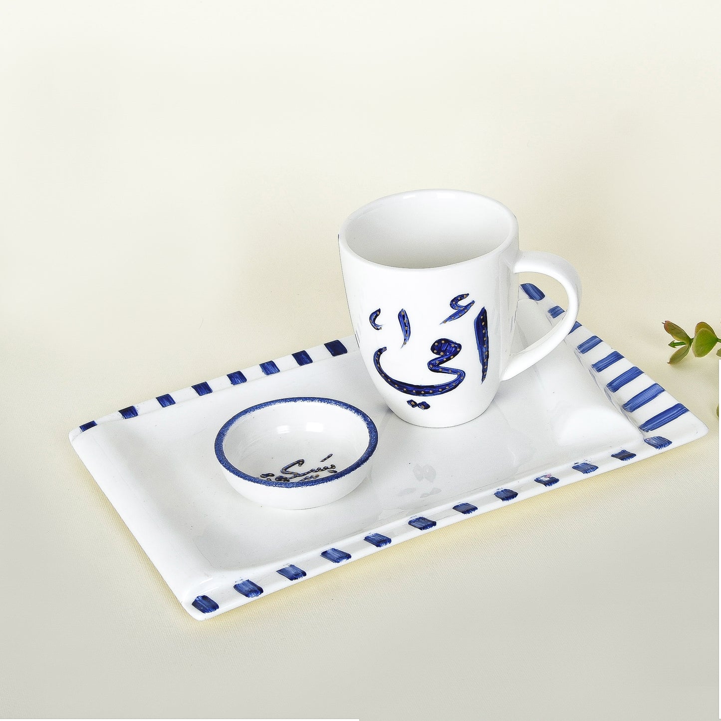 Blue Srtipes – Mother’s Day Hand-Painted Mug Gift Set with Porcelain Tray (Ummi)