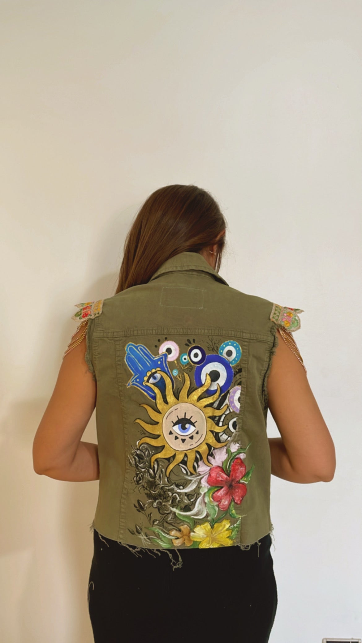 Green Vest with Painted Back and Red Flower