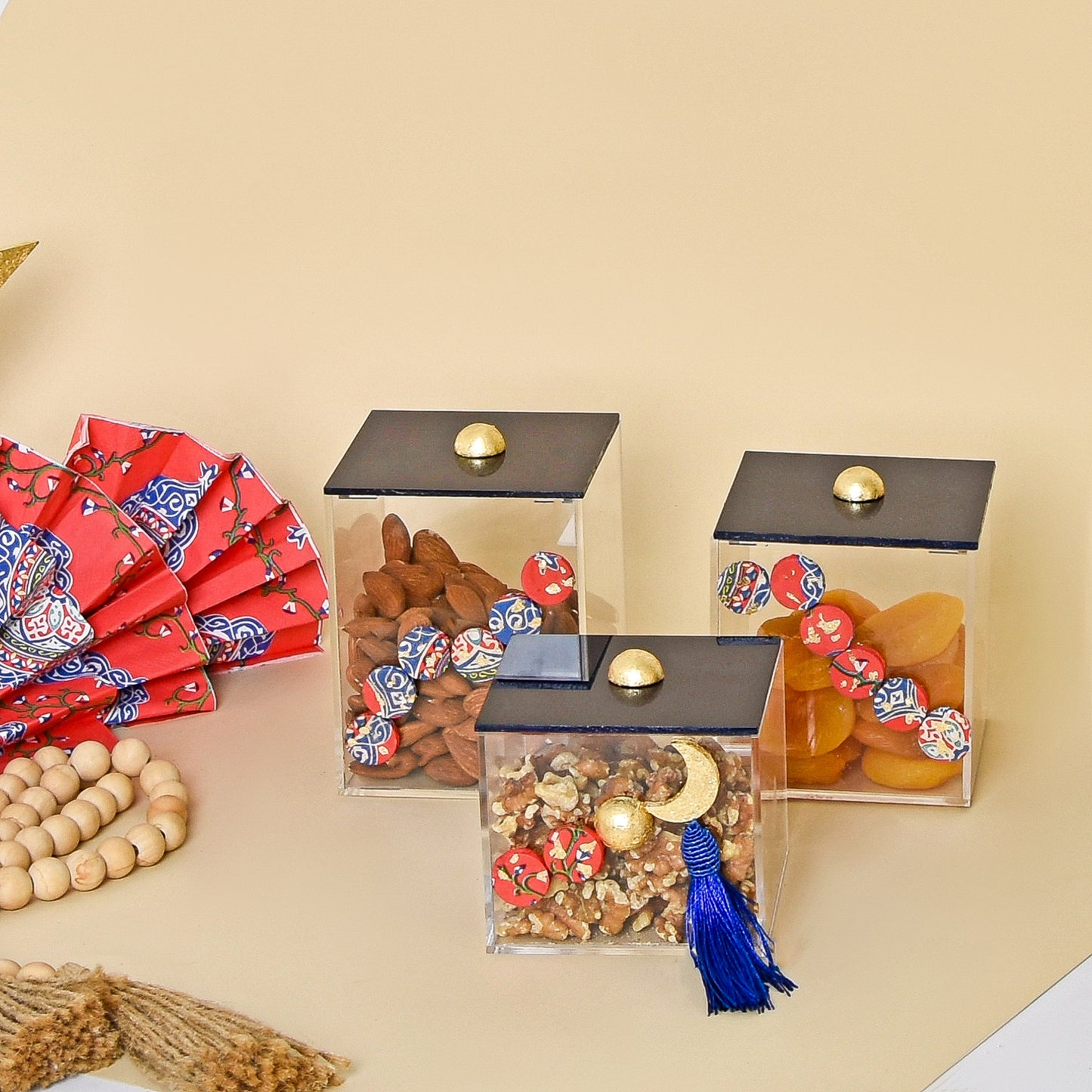 Egyptian Khayamiah Beaded Crescent with Gold Leaf – Acrylic Box Set of Three